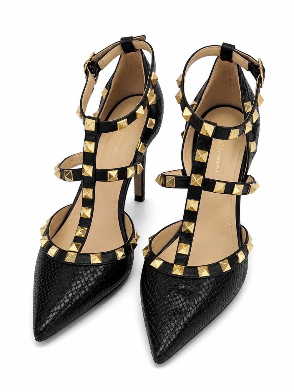 BCBG Black Studded T-Strap Pointed-Toe Heels - Black and Gold, Size 9.5